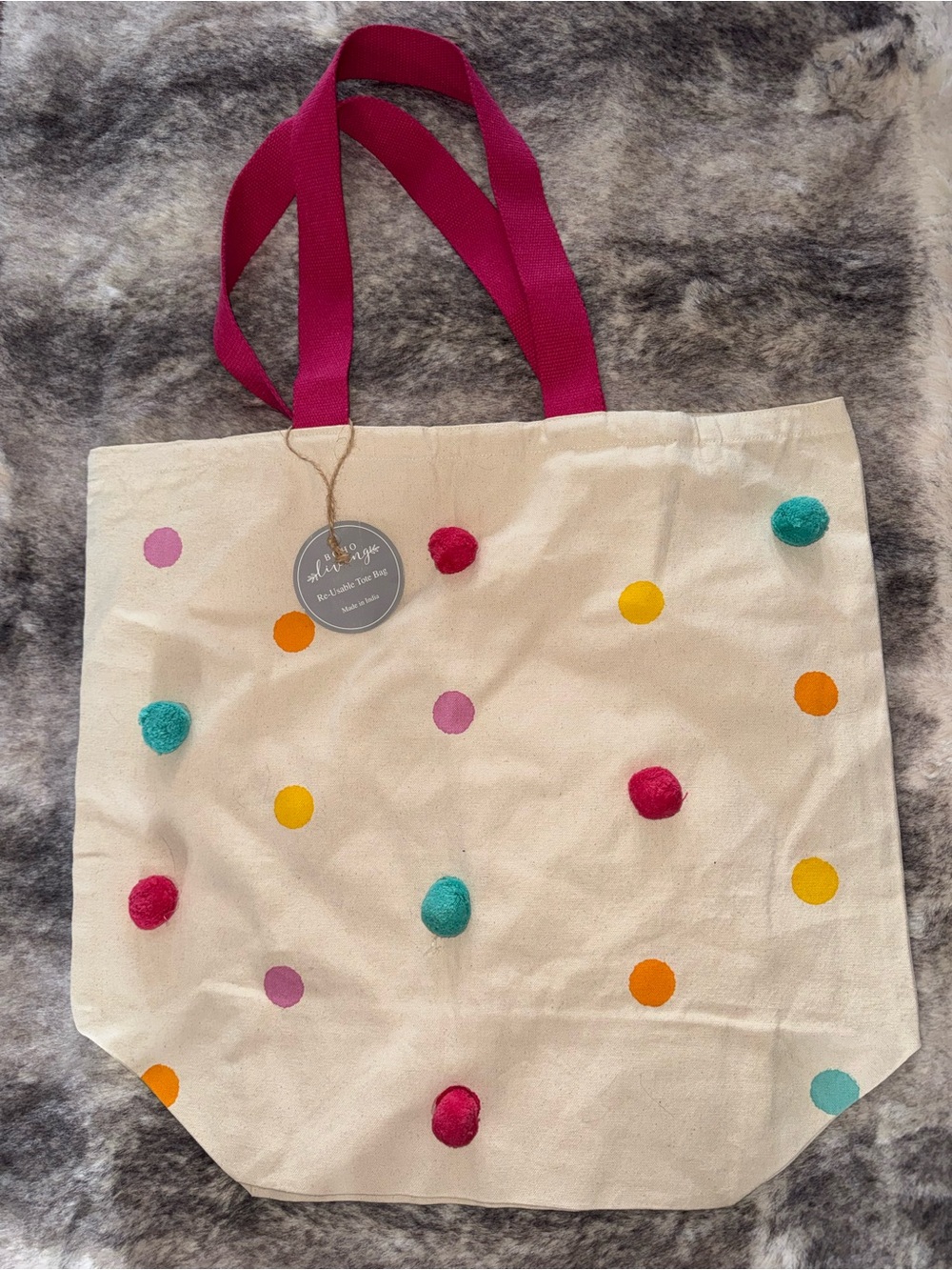 Cream Tote Bag with Multicolor Pom Dots and Magenta Handles